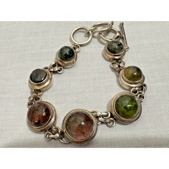 Sterling Silver Link Toggle Bracelet Multi Color 7 Stones Graduated Cabochons - Picture 2 of 8